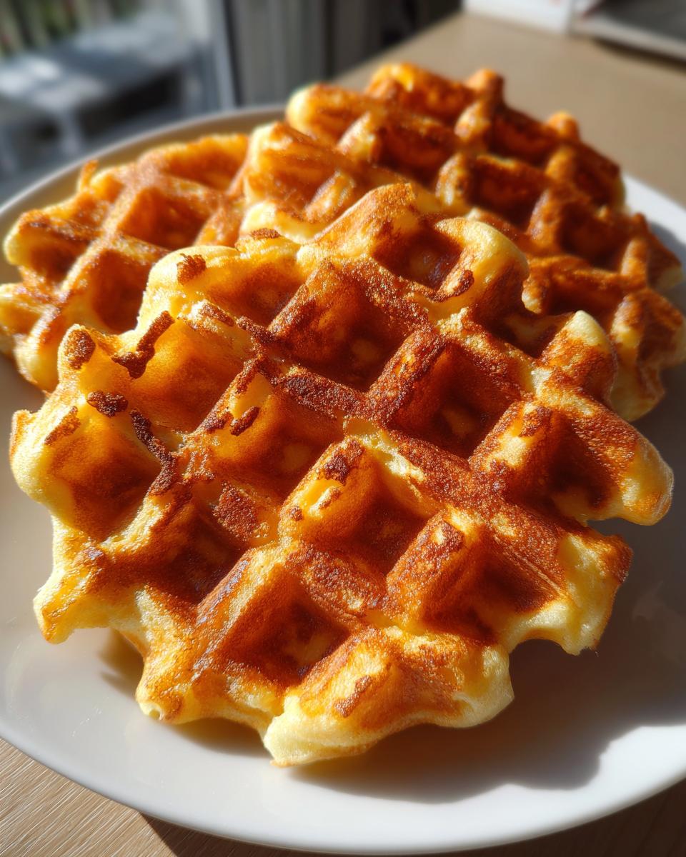 Close-up of two golden brown, freshly made high protein waffles stacked slightly on a white plate.