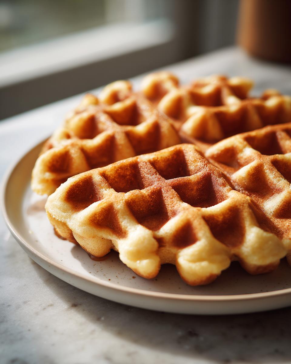 Close-up of several golden brown high protein waffles stacked on a speckled ceramic plate.