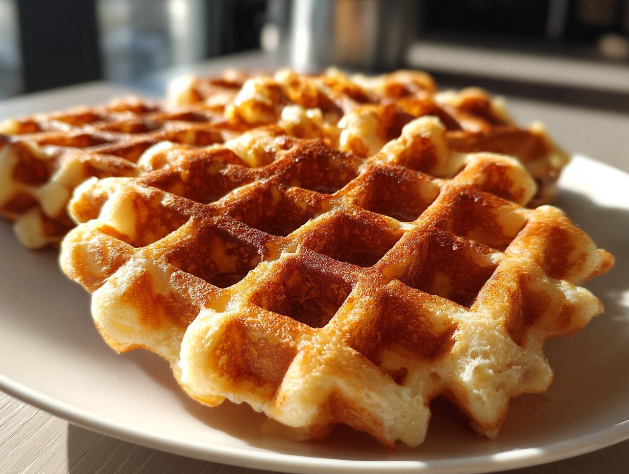 Close-up of golden brown, freshly made high protein waffles stacked on a white plate in bright sunlight.