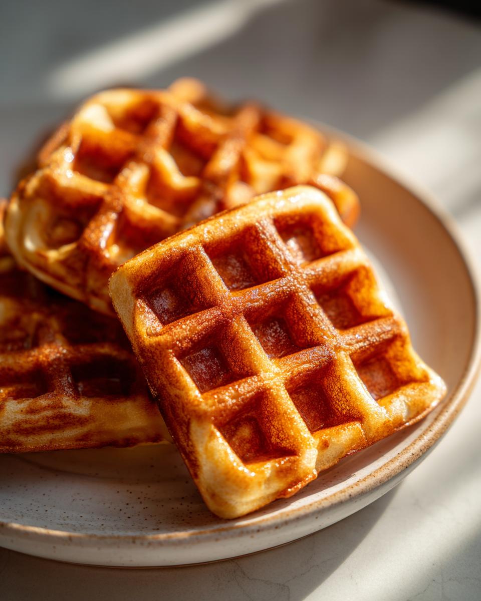 Close-up of golden brown, freshly made high protein waffles stacked on a speckled ceramic plate.