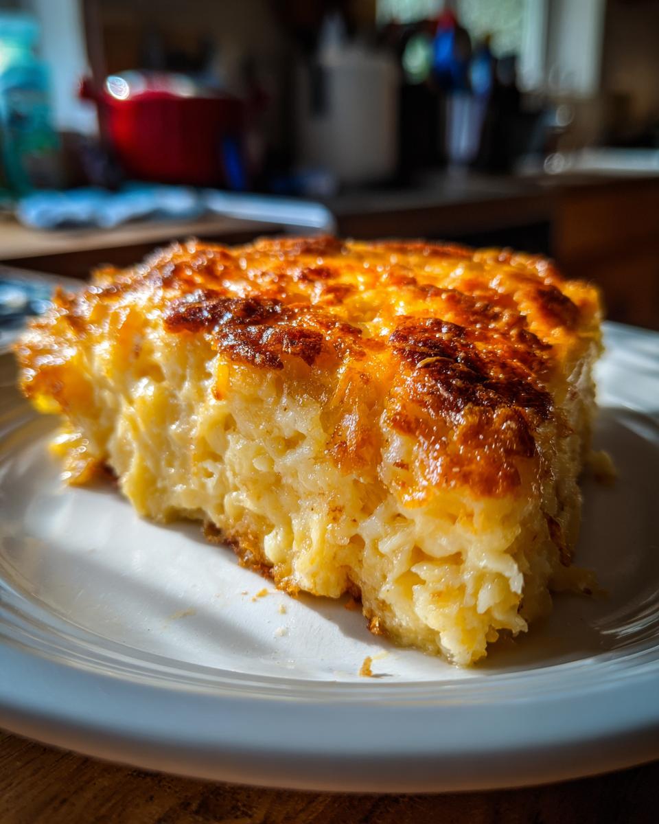 A close-up of a golden-brown slice of creamy hashbrown casserole on a white plate.