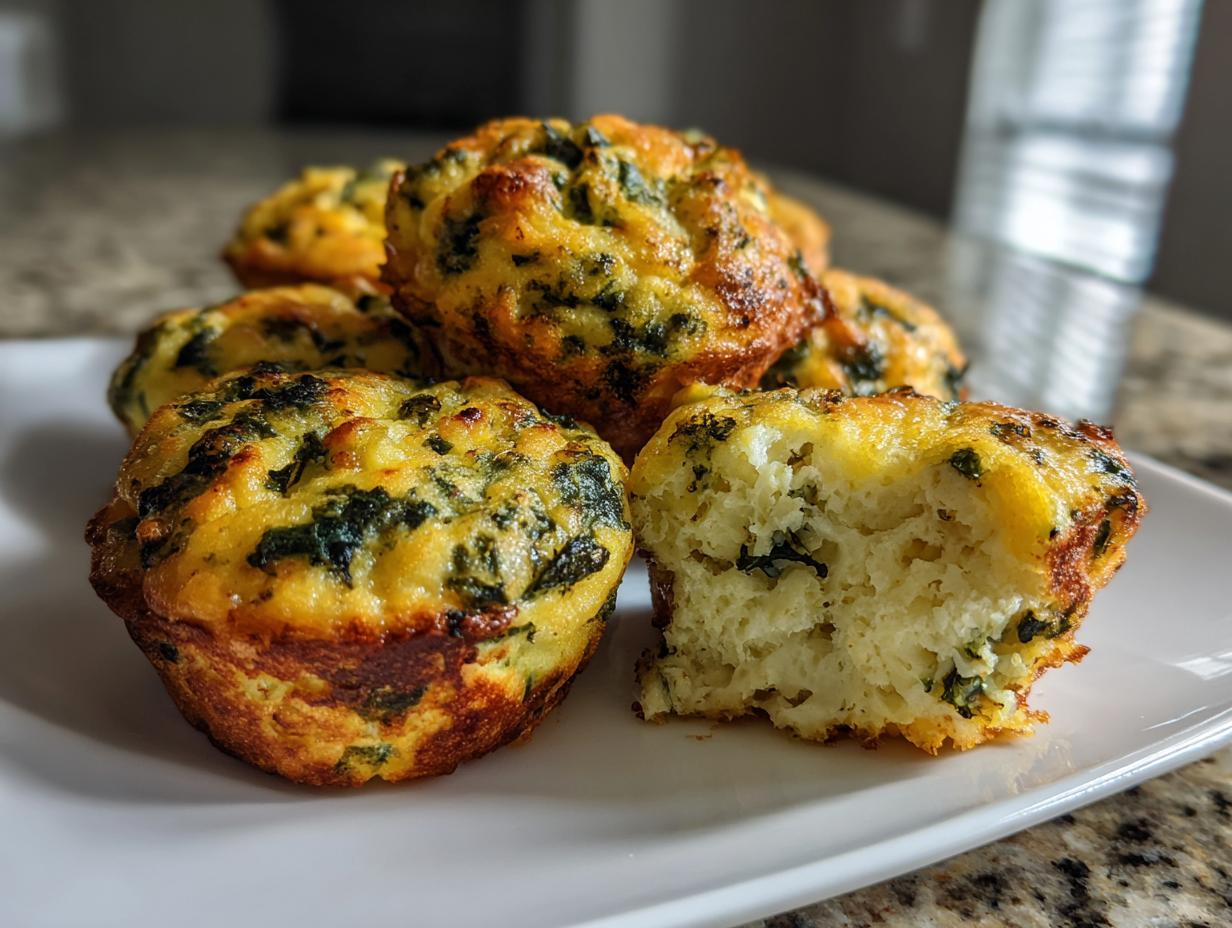 Close-up of several golden brown spinach and cheese egg bites, one cut in half showing the fluffy interior.