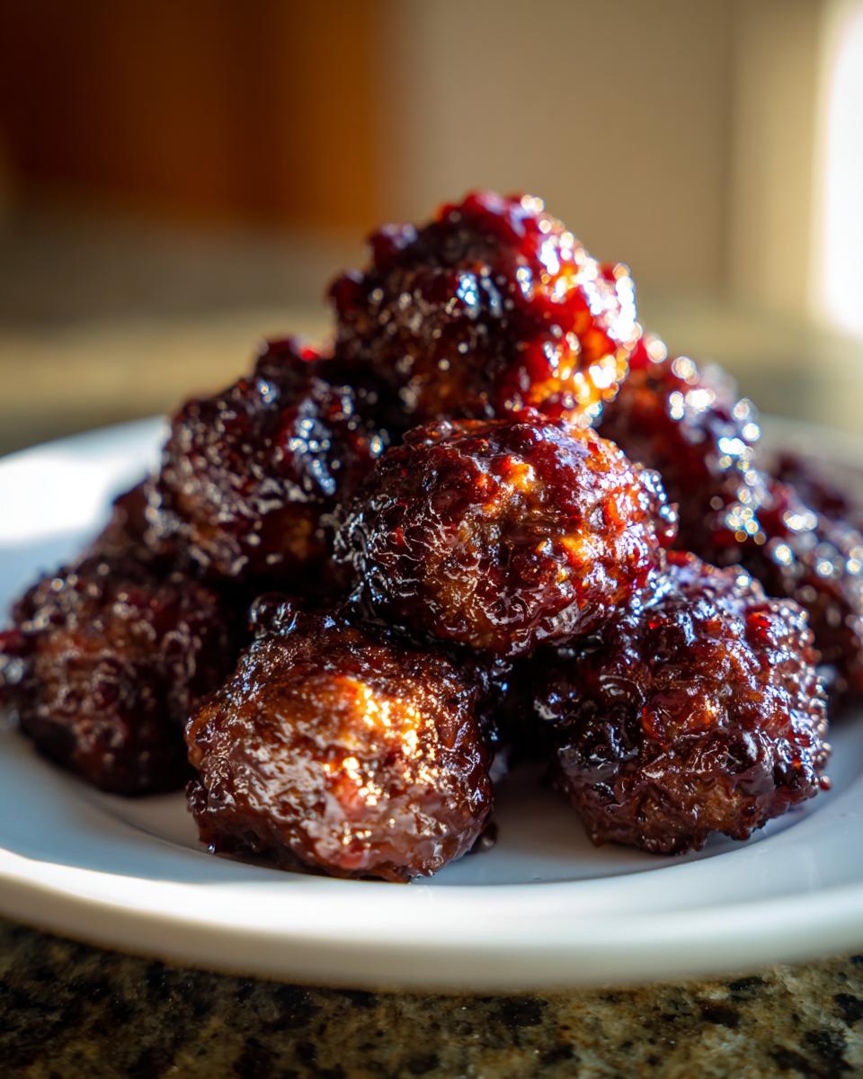 A close-up, appetizing photo of a pile of shiny, dark red Grape Jelly Meatballs stacked on a white plate.