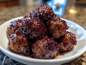 A close-up of several rich, dark Grape Jelly Meatballs piled high in a small white serving bowl.