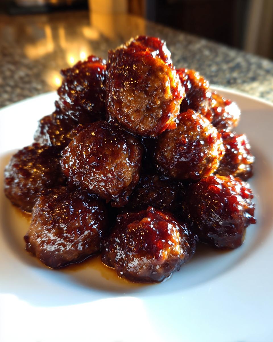 A close-up of a pile of shiny, glazed Grape Jelly Meatballs served on a white plate.