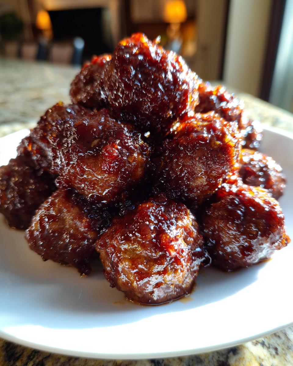 Close-up of a mound of shiny, dark glazed grape jelly meatballs piled high on a white serving dish.