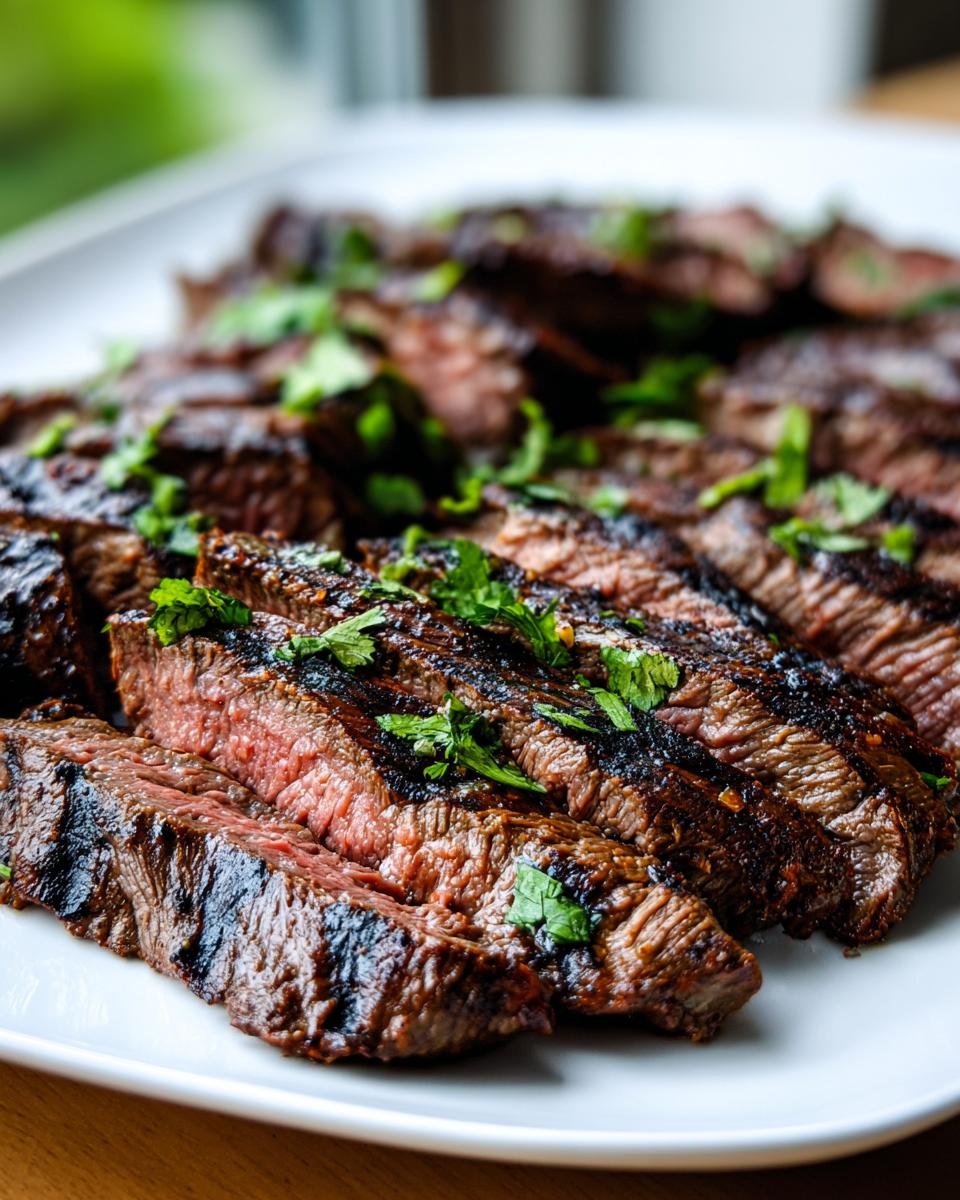 Close-up of perfectly grilled and sliced carne asada steak, showing a medium-rare center, garnished with cilantro.