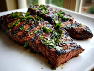 Close-up of perfectly grilled steak, showing grill marks and topped with fresh cilantro, prepared using the carne asada marinade.