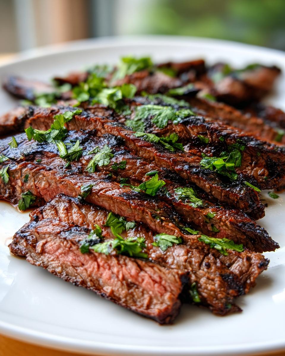 Close-up of medium-rare steak slices, showing grill marks and fresh cilantro, prepared with carne asada marinade.