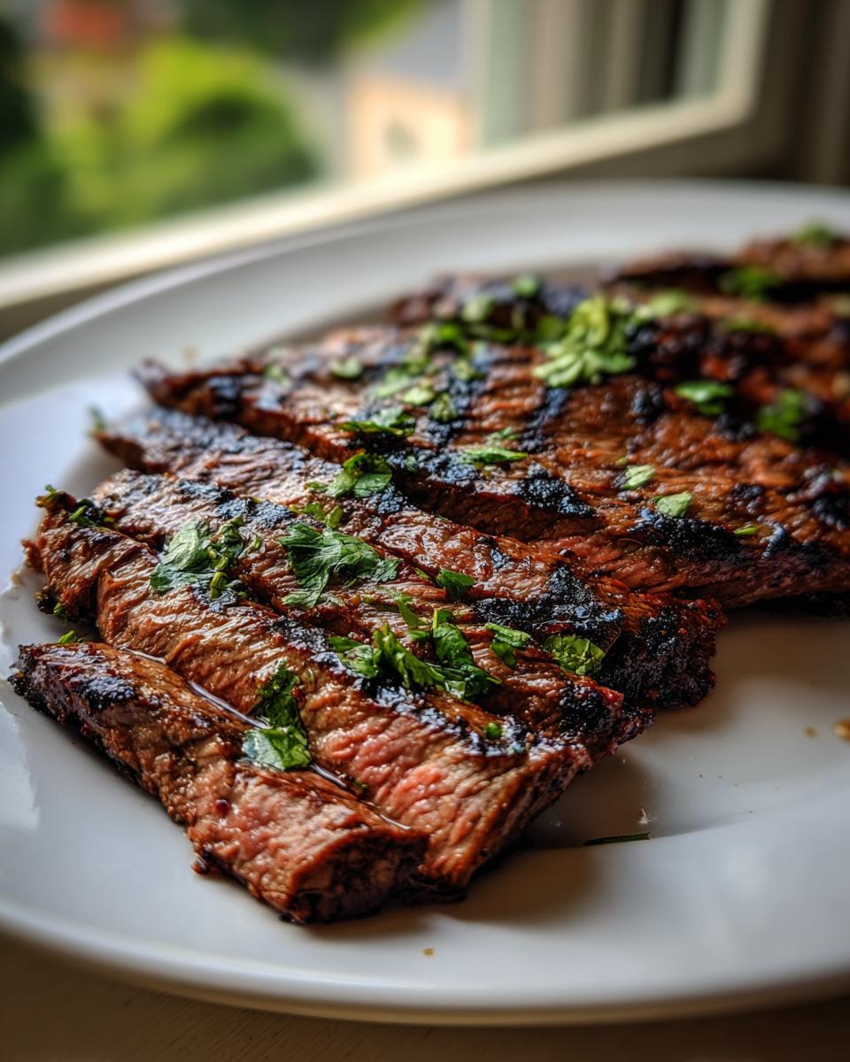 Close-up of medium-rare grilled steak slices, glistening and topped with fresh cilantro, prepared with carne asada marinade.