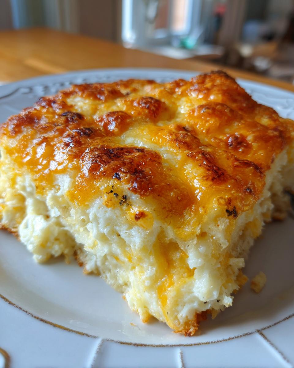 A close-up of a square serving of creamy, cheesy hashbrown casserole with a golden-brown, bubbly top.