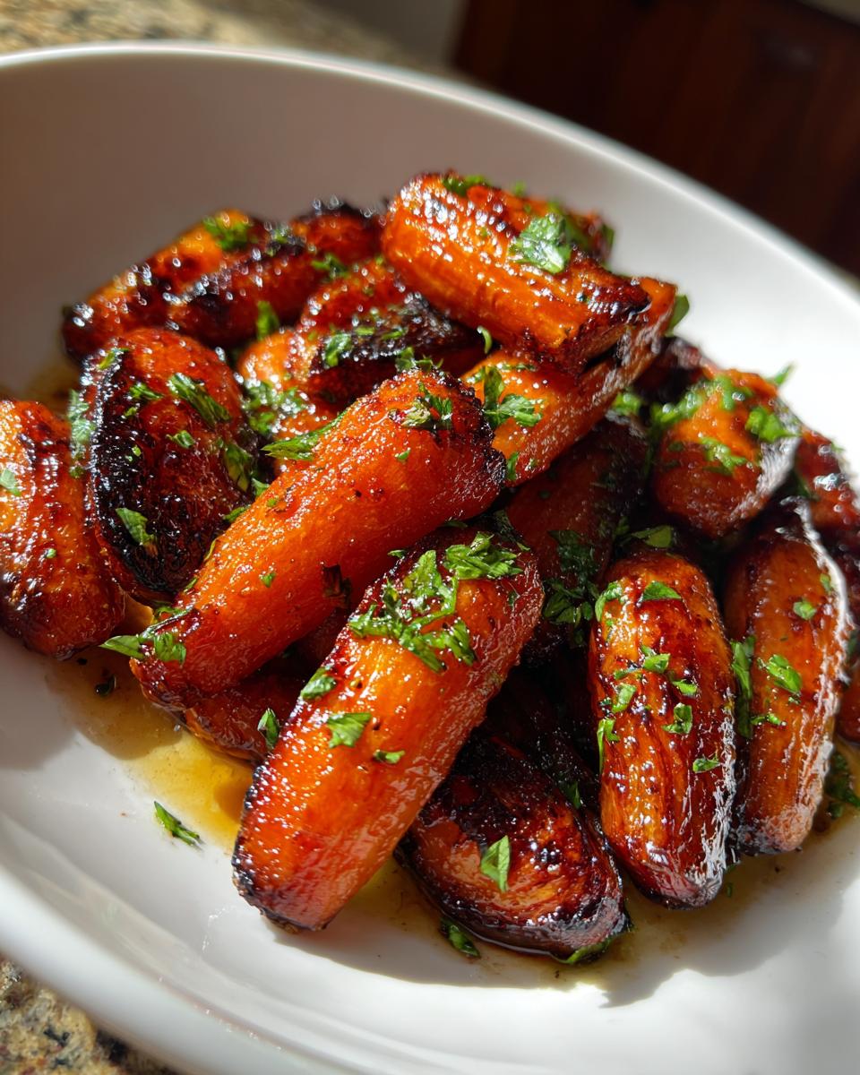 Close-up of shiny, caramelized honey glazed carrots sprinkled with fresh green parsley in a white bowl.