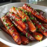 A close-up of perfectly cooked honey glazed carrots, shiny with glaze and sprinkled with fresh green parsley.