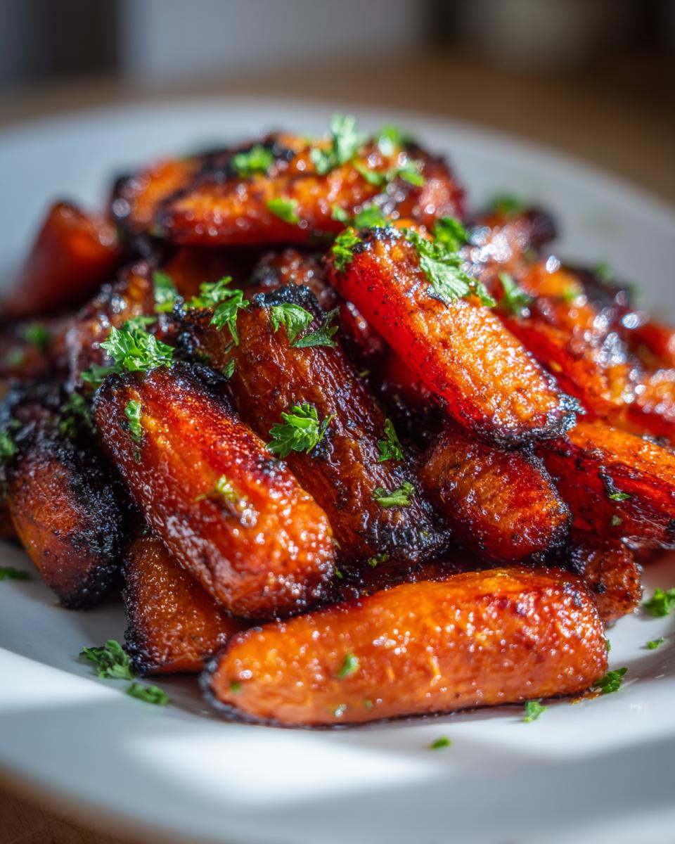 Close-up of roasted honey glazed carrots with a dark, caramelized coating and fresh parsley garnish.