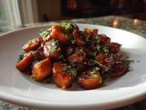 Close-up of shiny, caramelized honey glazed carrots topped with fresh chopped parsley on a white serving dish.