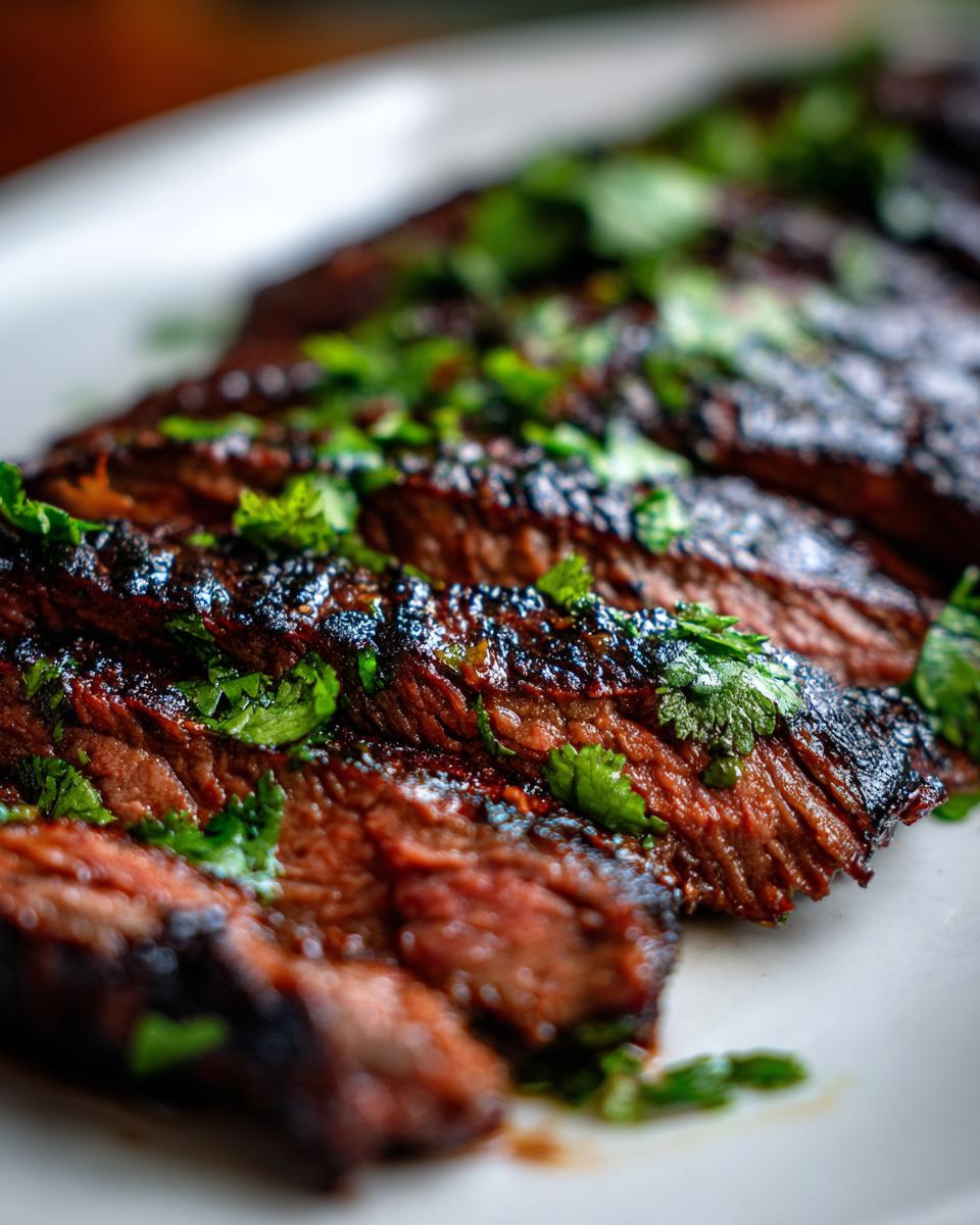 Close-up of perfectly grilled and sliced steak, glistening from the Carne asada marinade and topped with fresh cilantro.