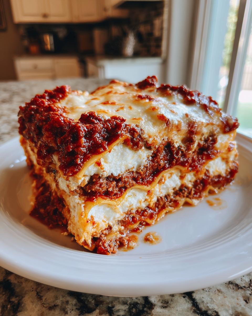 A generous slice of lasagna with cottage cheese, meat sauce, and melted mozzarella on a white plate.