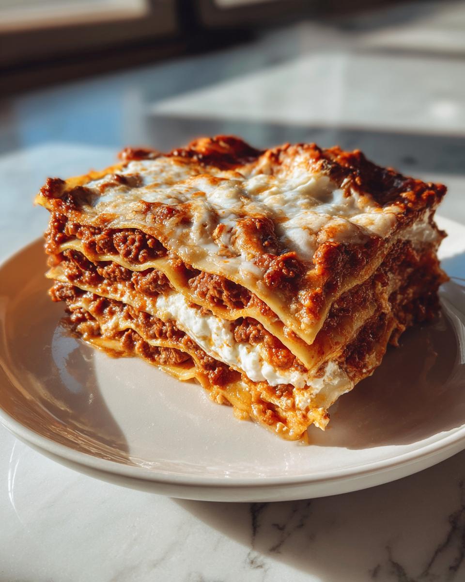 A tall, layered slice of Lasagna with Cottage Cheese featuring rich meat sauce and melted cheese topping.