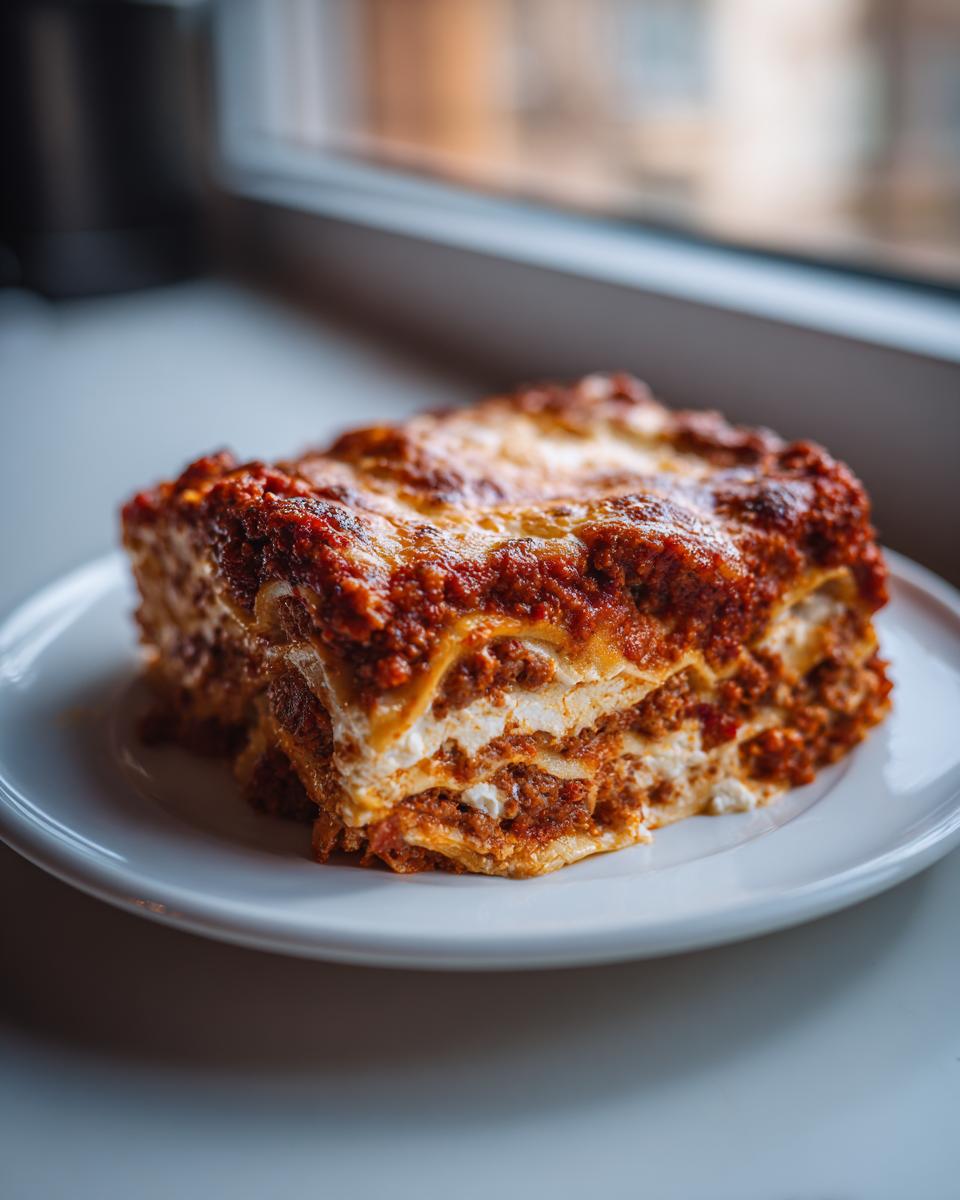 A generous slice of Lasagna with Cottage Cheese showing layers of pasta, meat sauce, and white cheese filling.