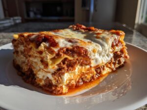 A thick, layered slice of Lasagna with Cottage Cheese, topped with melted mozzarella and rich meat sauce, served on a white plate.