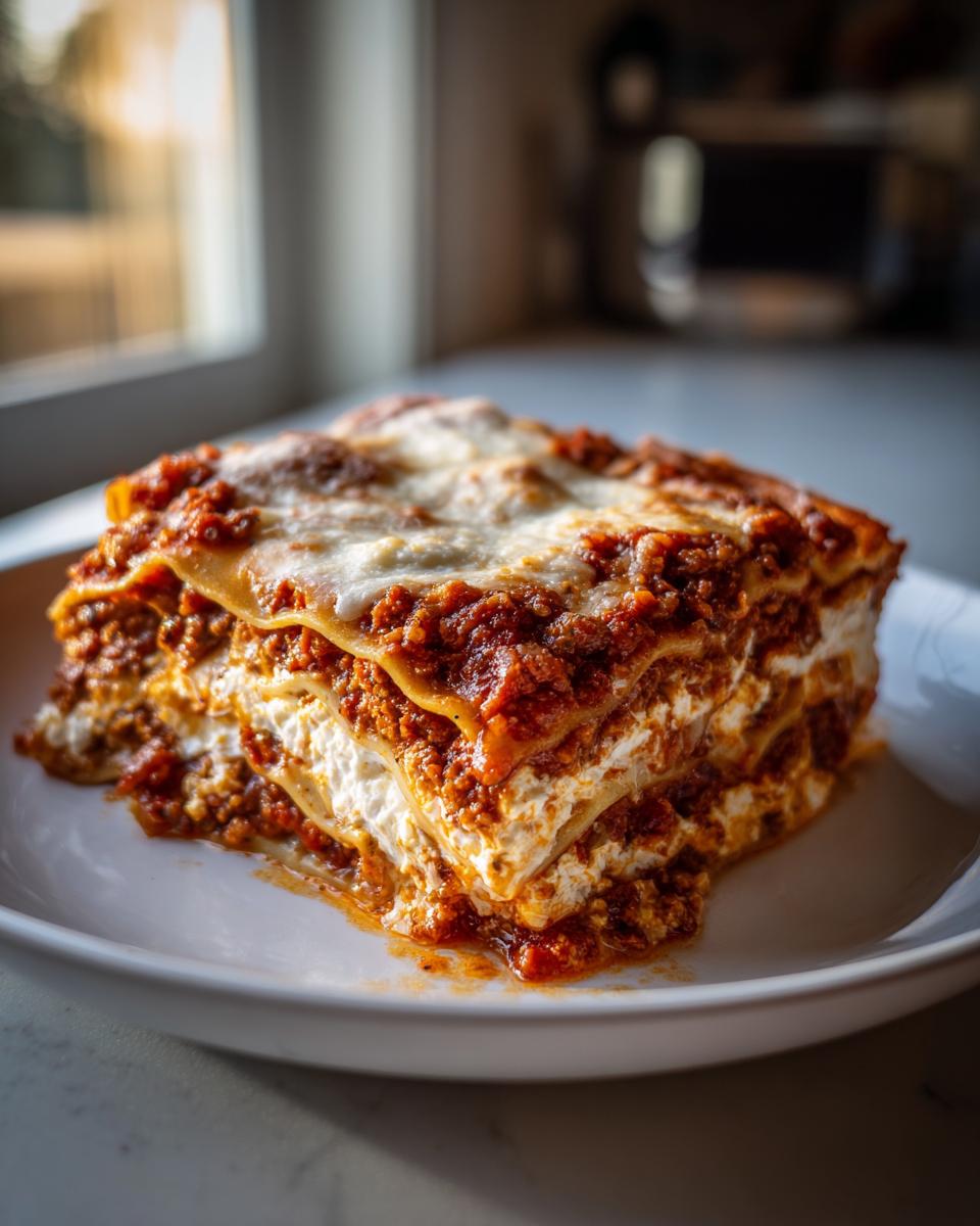 A thick, layered slice of Lasagna with Cottage Cheese on a white plate, featuring rich meat sauce and white cheese filling.