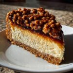 A perfect slice of pecan pie cheesecake showing a graham cracker crust, creamy filling, and sticky pecan topping.