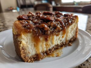 A rich slice of pecan pie cheesecake featuring a thick, creamy layer and a gooey pecan topping.