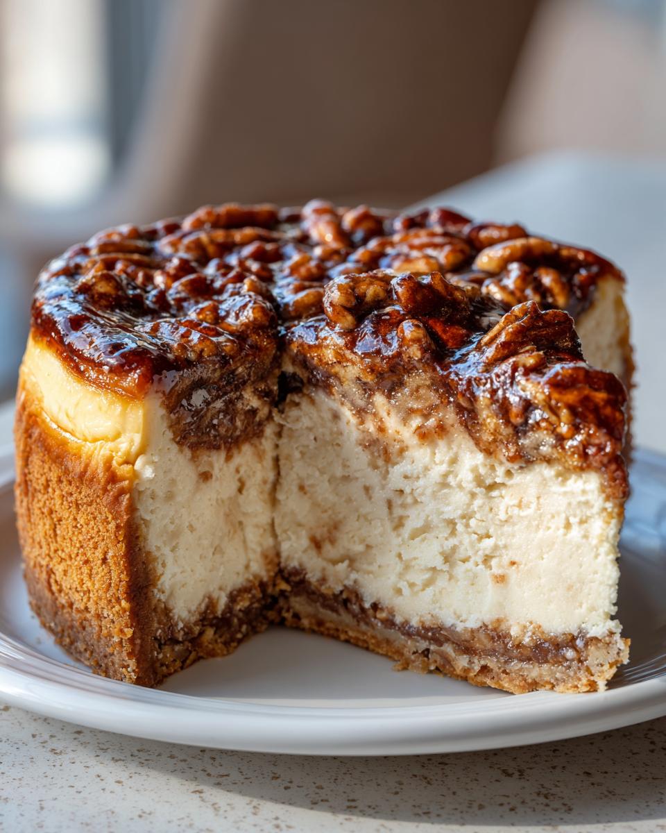 A slice removed from a rich pecan pie cheesecake showing creamy filling and sticky pecan topping.