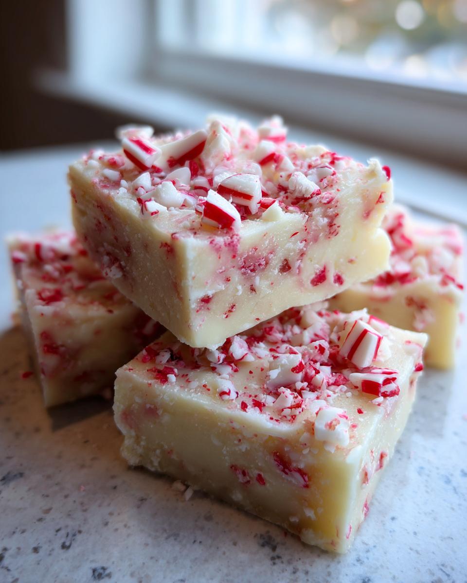 Close-up of stacked squares of creamy white peppermint fudge topped with crushed candy canes.