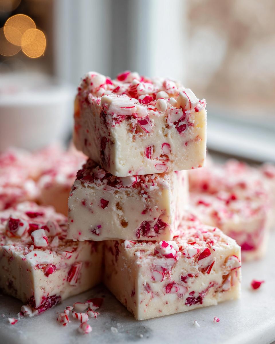 A stack of creamy white peppermint fudge squares topped with crushed candy canes.