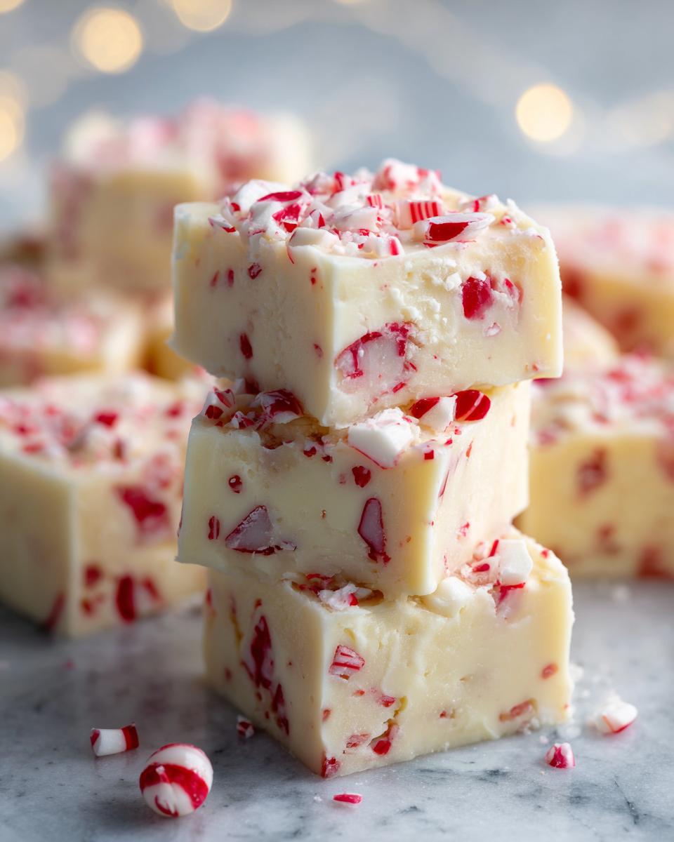 A stack of three creamy white chocolate peppermint fudge squares topped with crushed candy canes.