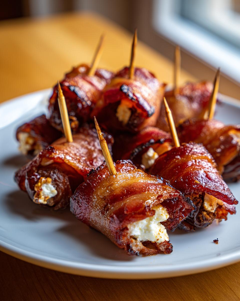 Close-up of several perfectly cooked bacon-wrapped dates stuffed with white cheese, held together with toothpicks.