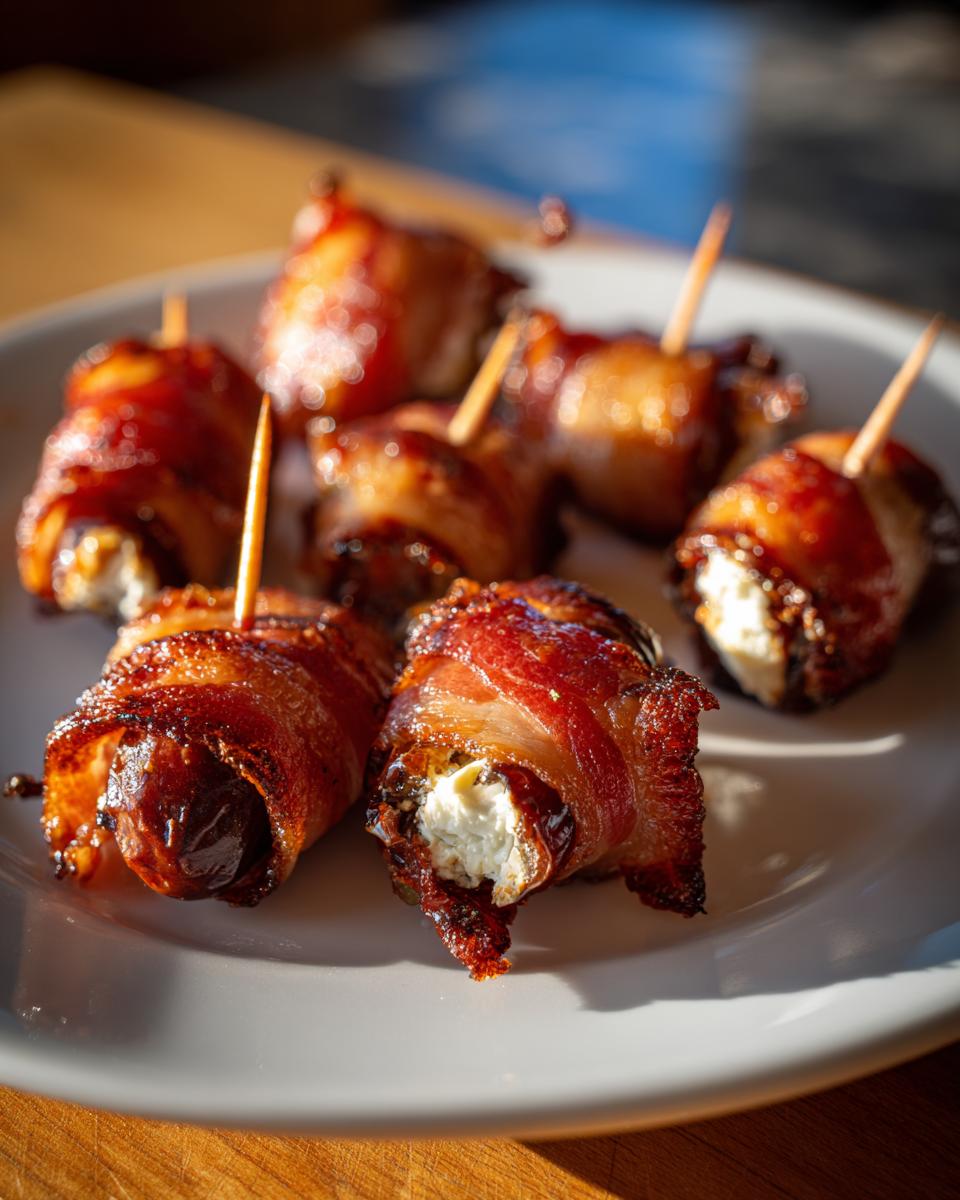 Close-up of several crispy, glazed bacon-wrapped dates stuffed with cream cheese on a white plate.