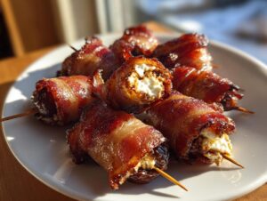 A plate of perfectly cooked bacon-wrapped dates stuffed with cheese, held together with toothpicks.