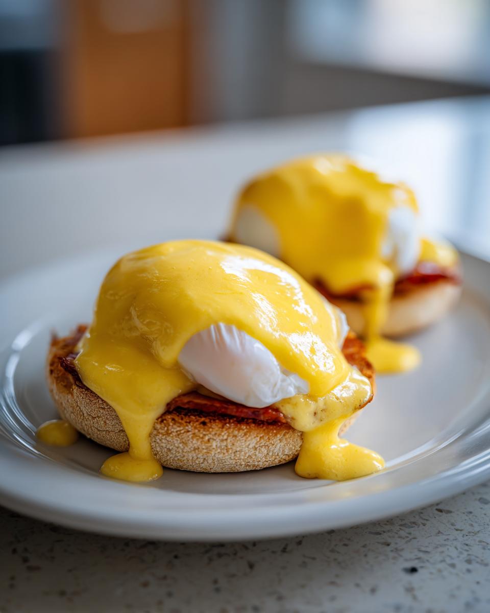 Close-up of two servings of eggs benedict featuring poached eggs, ham, and dripping hollandaise sauce on English muffins.
