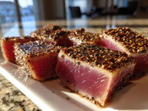 Close-up of perfectly seared ahi tuna, sliced into thick pieces showing a rare pink center and a dark sesame seed crust.
