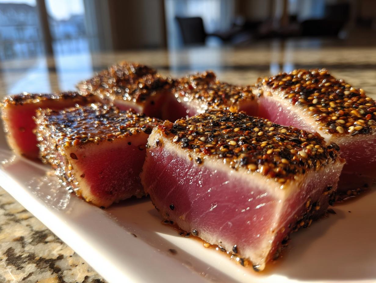 Close-up of perfectly seared ahi tuna, sliced into thick pieces showing a rare pink center and a dark sesame seed crust.
