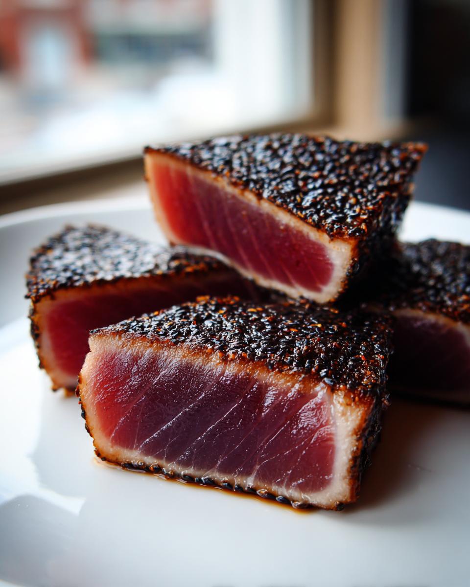 Four thick slices of perfectly Seared Ahi Tuna, crusted with black sesame seeds, showing a rare, deep red center.