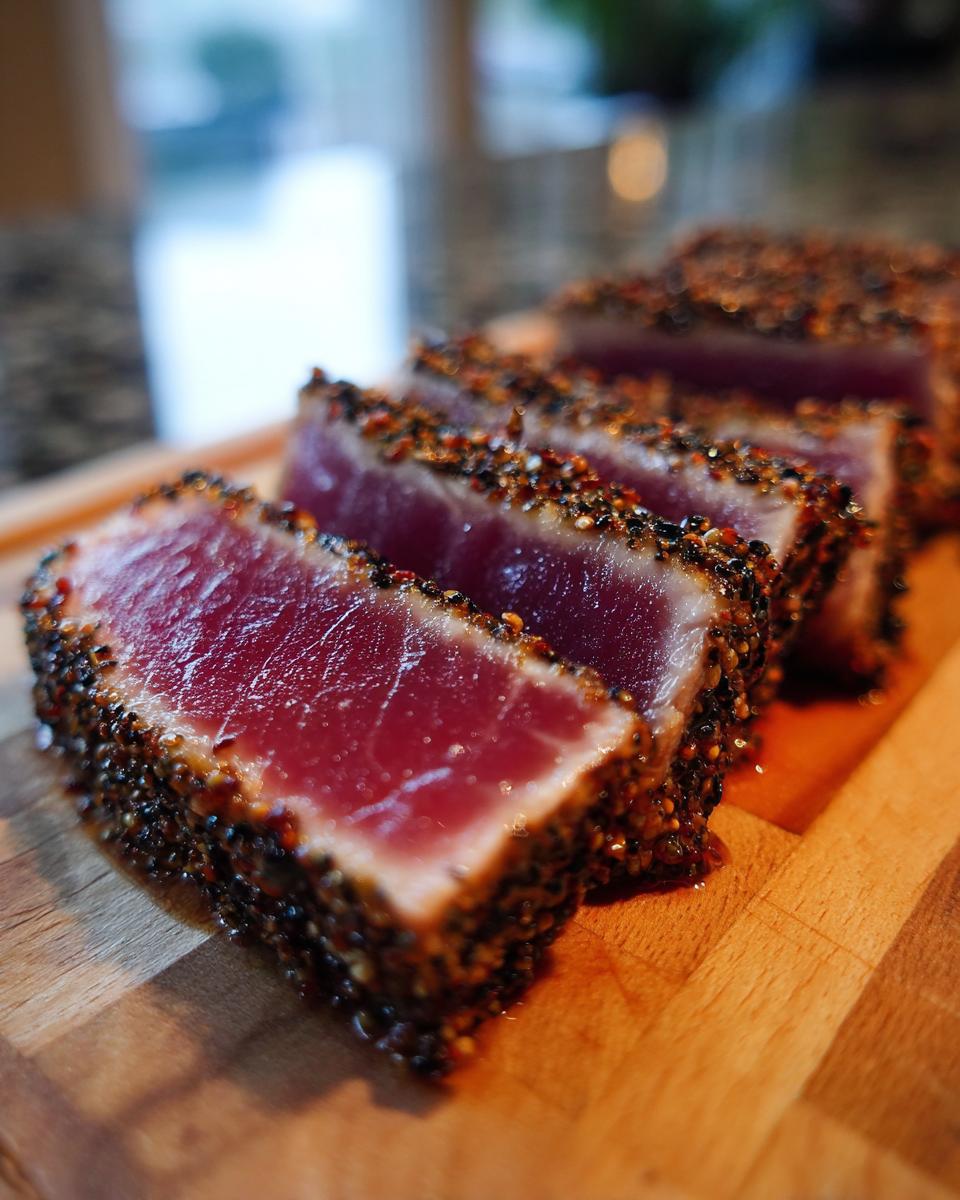 Close-up of perfectly seared ahi tuna, crusted with spices, sliced and resting on a wooden board.