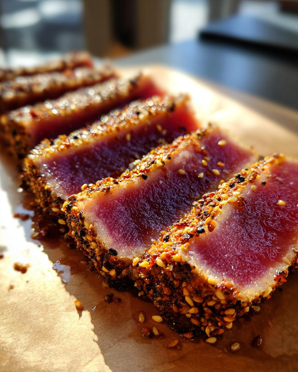 Close-up of four perfectly seared ahi tuna slices showing a deep red center and a thick sesame seed crust.