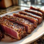 Slices of perfectly cooked Seared Ahi Tuna, crusted with sesame seeds and spices, showing a rare pink center.