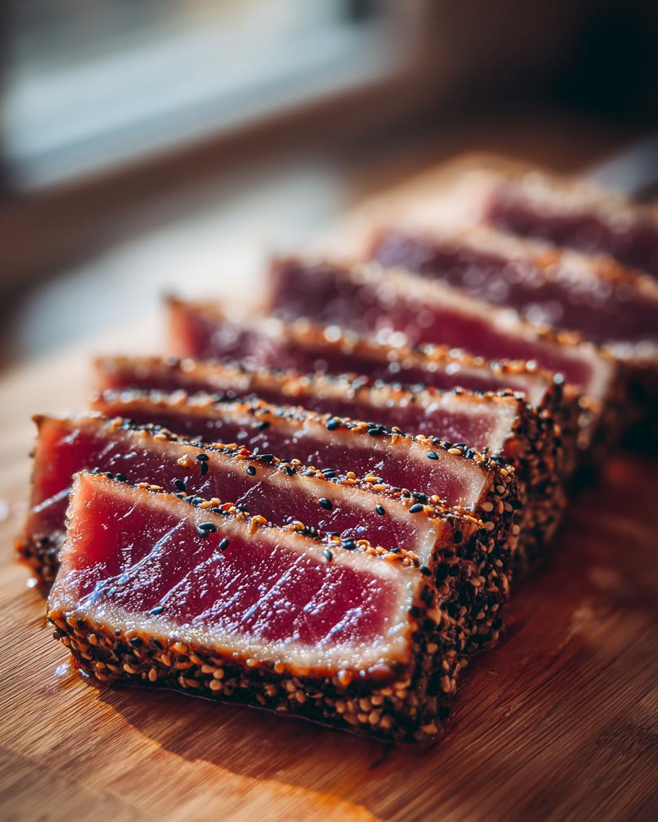 Slices of perfectly seared ahi tuna, crusted with black and white sesame seeds, resting on a wooden board.