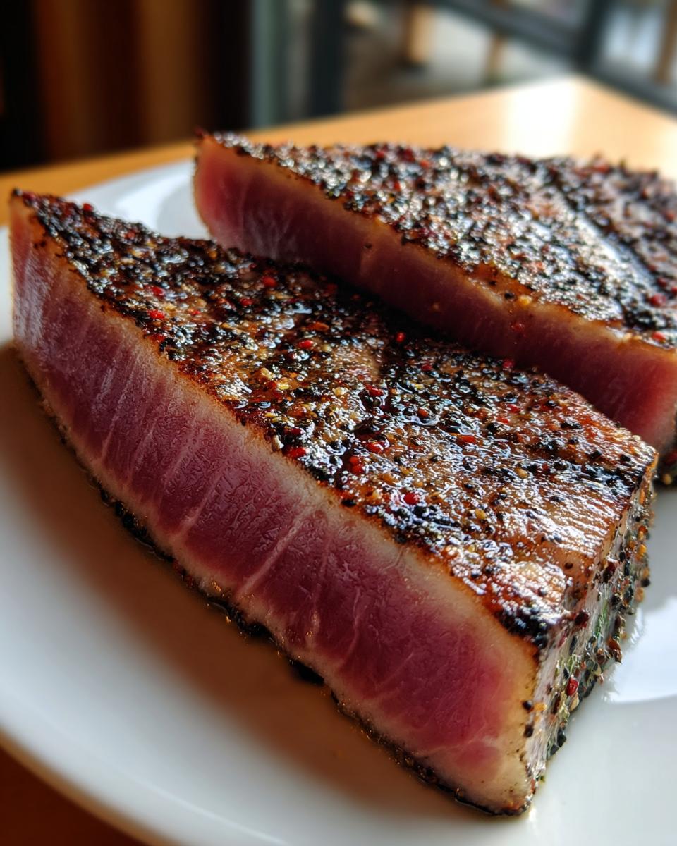 Two thick slices of seared tuna steak, perfectly rare inside, coated in a vibrant black and red peppercorn crust, ideal for MARINADE FOR TUNA STEAK.