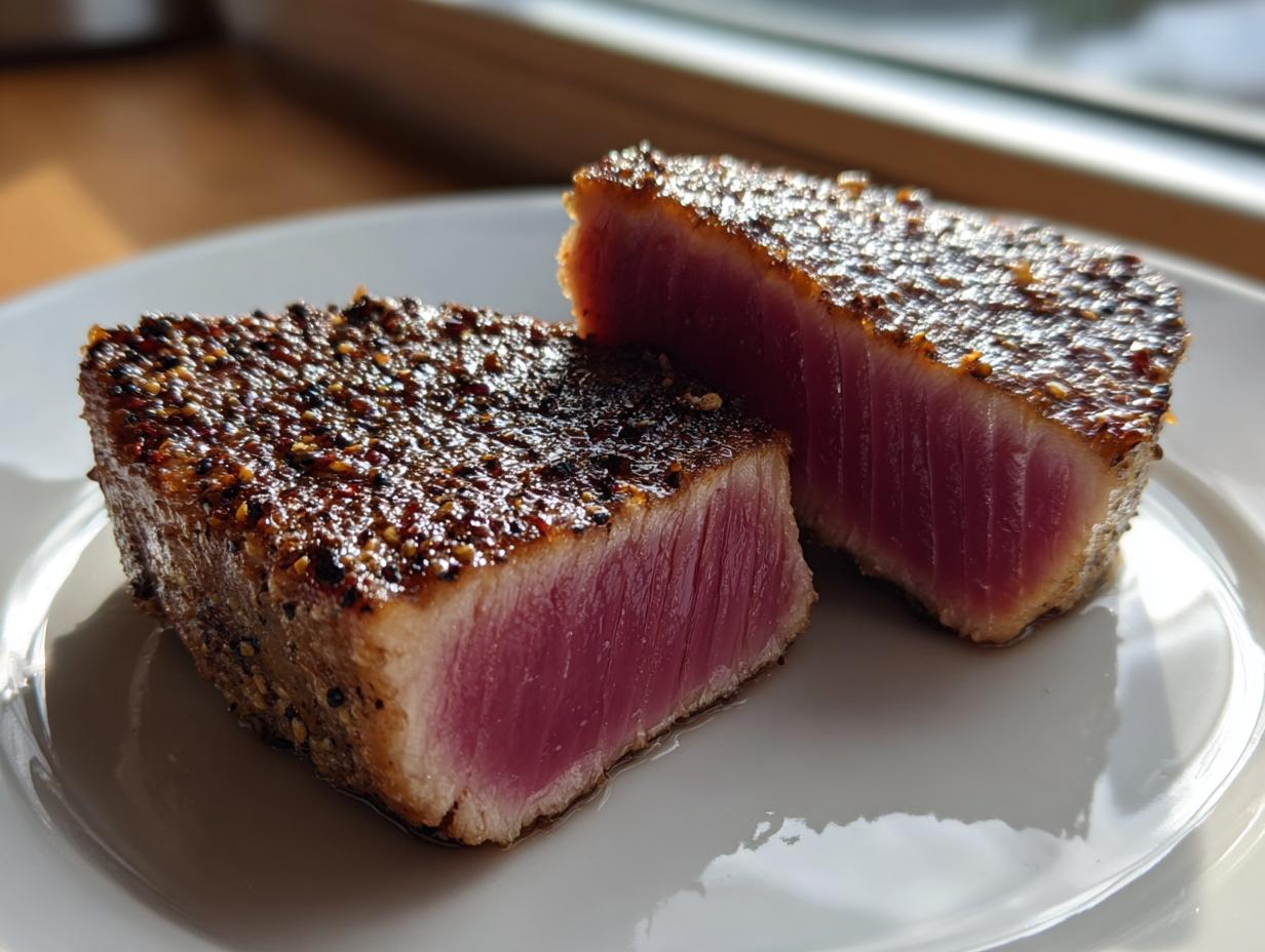 Two pieces of perfectly seared tuna steak, raw in the center, seasoned with a cracked peppercorn MARINADE FOR TUNA STEAK.