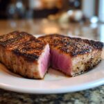 Close-up of a thick, seared tuna steak cut in half showing a rare, pink center, perfect for a MARINADE FOR TUNA STEAK.