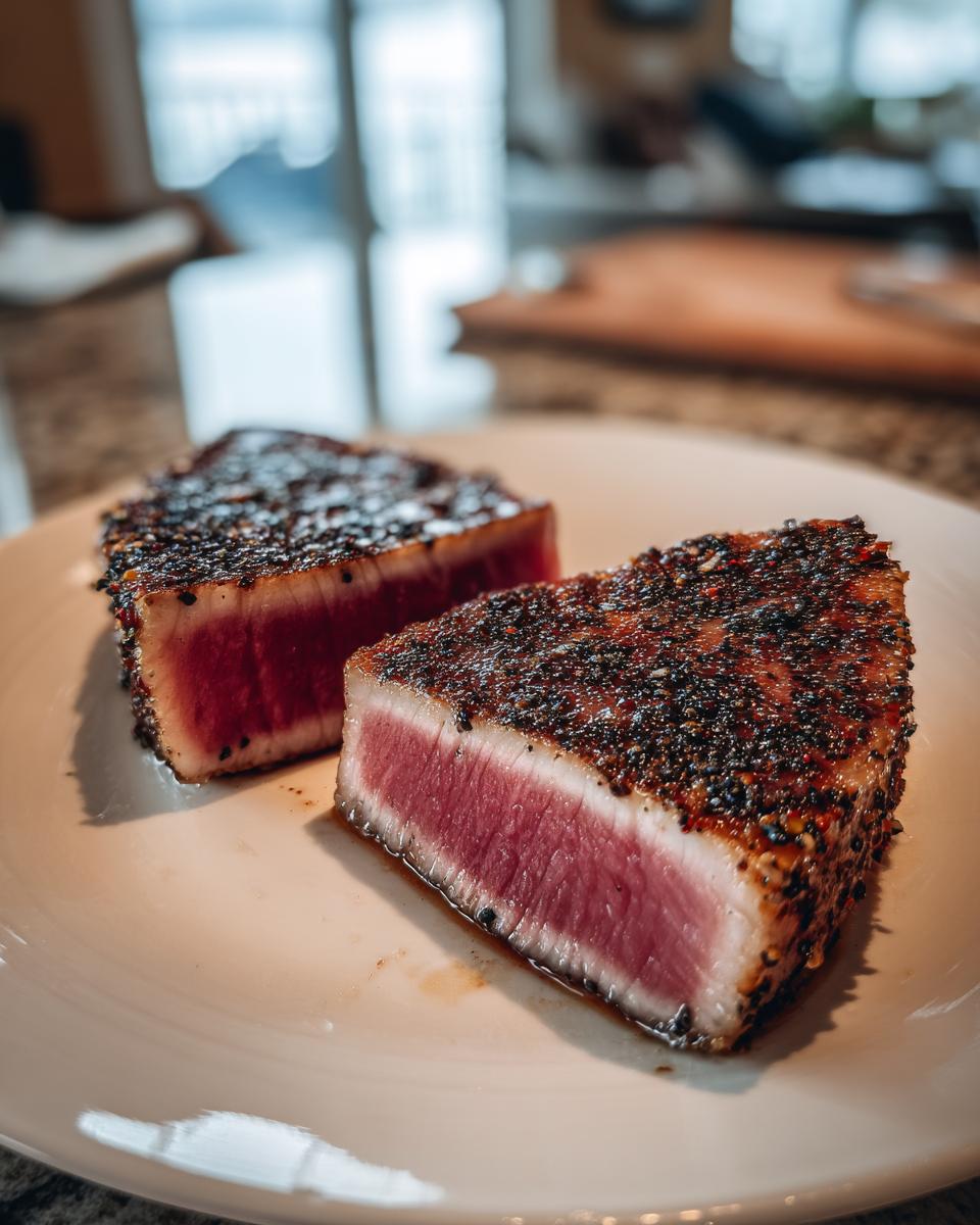 Two slices of seared tuna steak, rare in the center, showing a dark pepper crust, ideal for a MARINADE FOR TUNA STEAK.