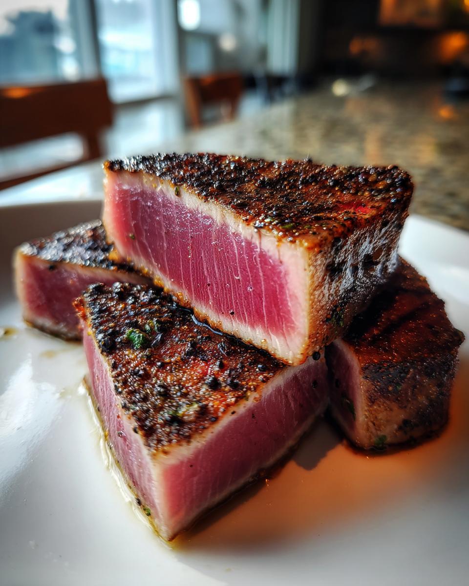 Four thick slices of seared tuna steak, showing a rare, deep pink center and a dark, seasoned crust, ready to eat.