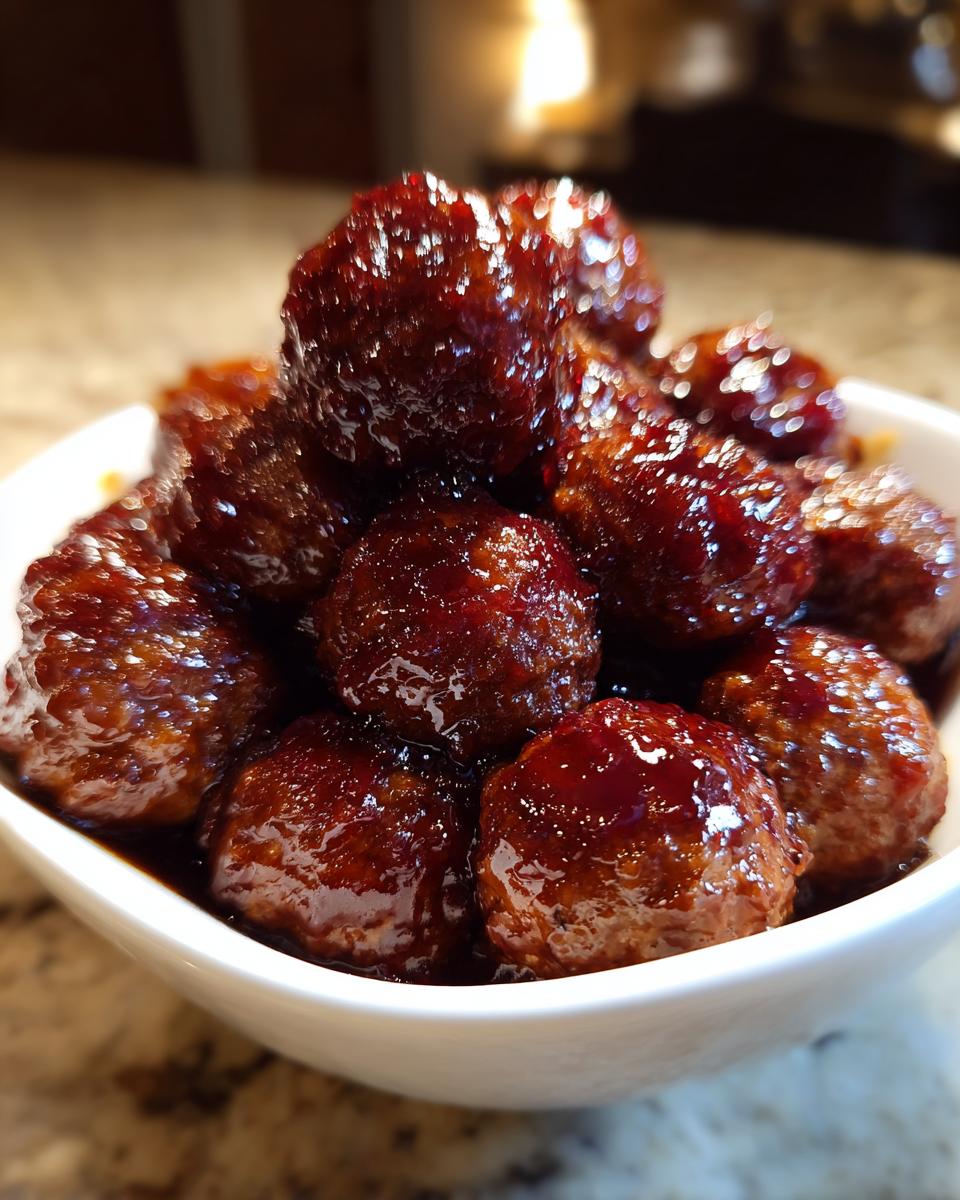 Close-up of shiny, glazed grape jelly meatballs piled high in a white serving bowl.