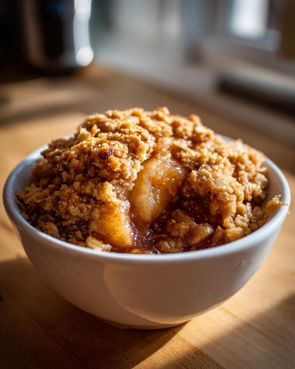 Close-up of a warm, single-serving apple crisp in a white bowl, showing gooey filling and crunchy topping.