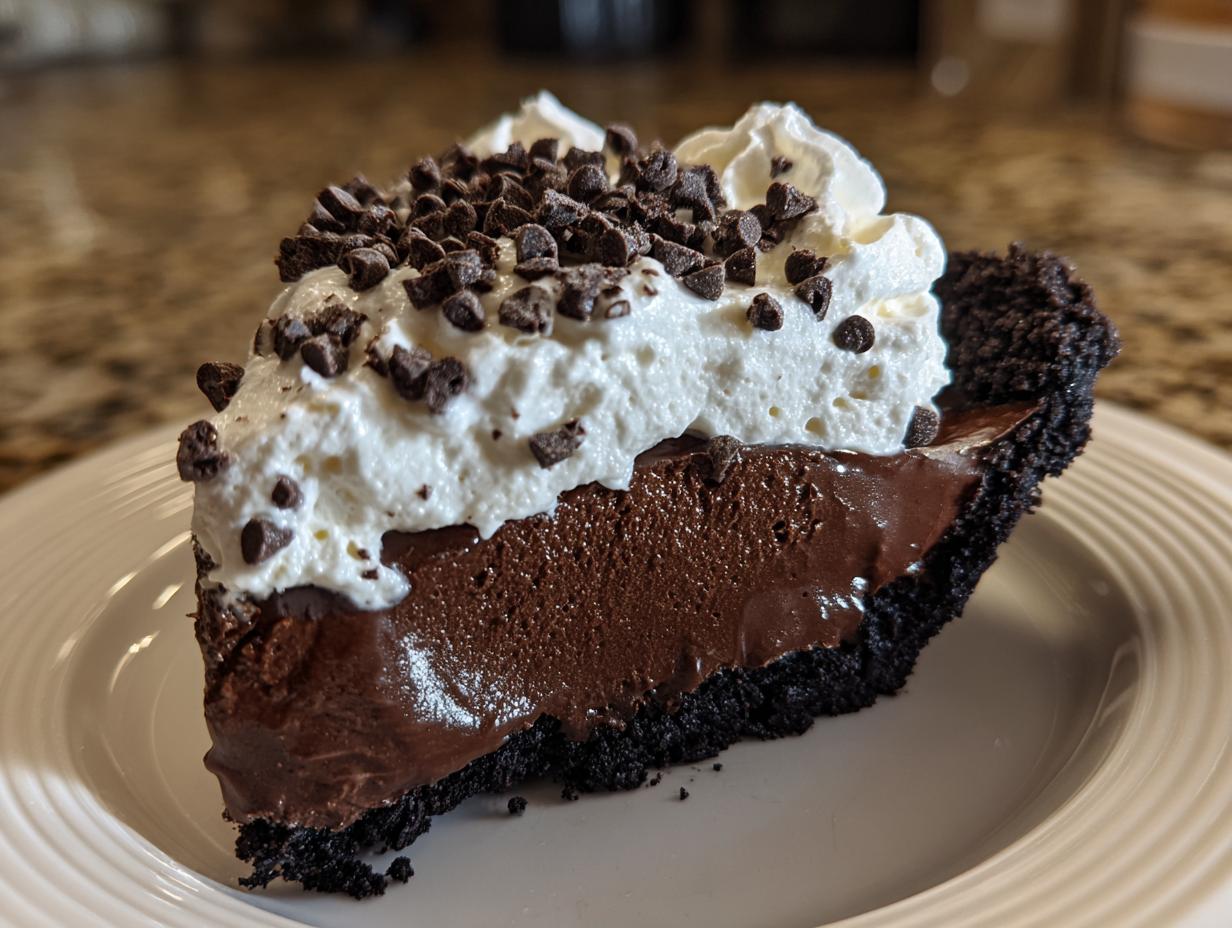 A rich slice of Christmas chocolate cream pie featuring a dark chocolate crust, thick chocolate filling, and whipped cream topped with mini chocolate chips.